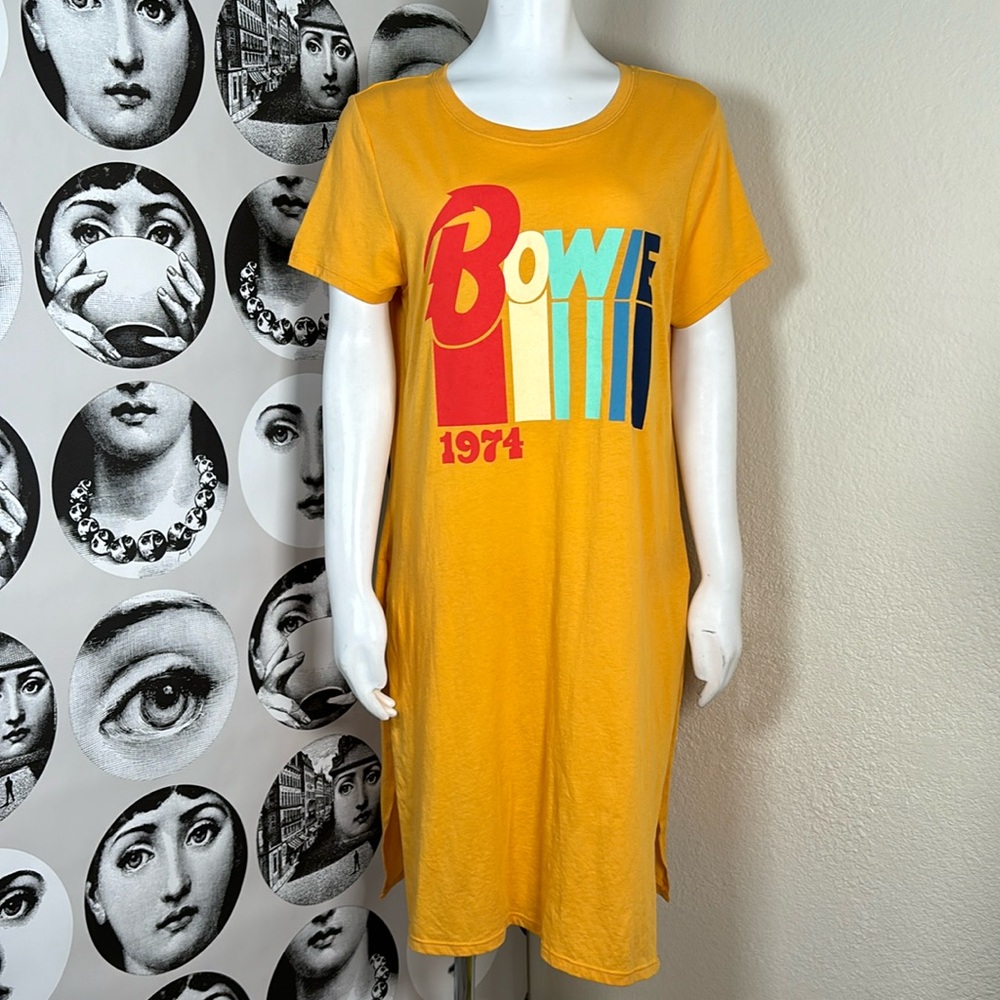 David Bowie Long Mustard T-shirt Dress w/ Bowie 1974 Graphic, Sz XL